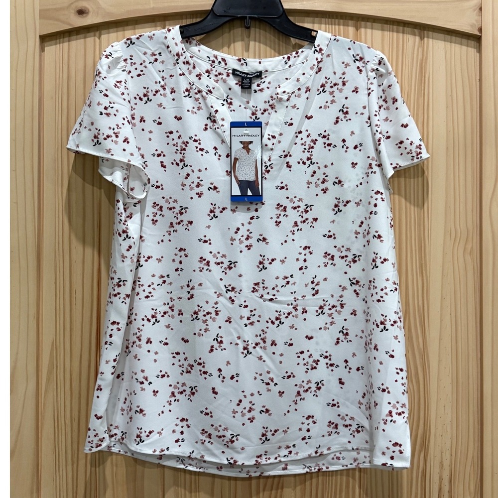 Hilary Radley Womens Floral Split V-Neck Short Sleeve Blouse White Burgundy L